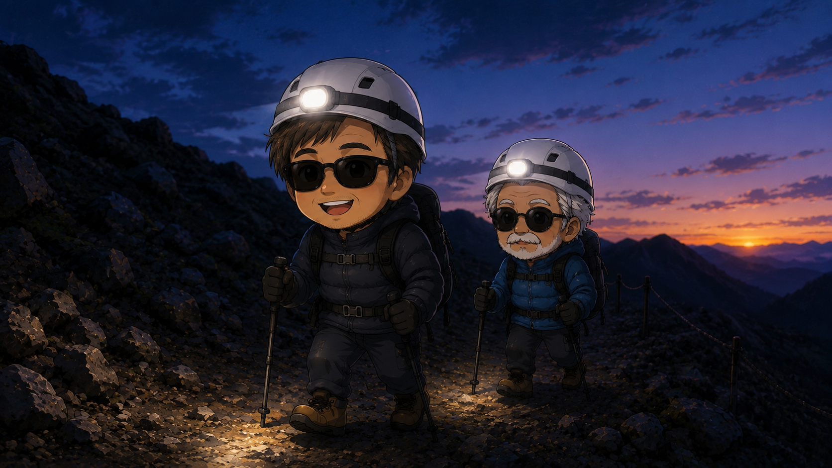 暗闇の登山、ヘッドライトの明かりで登る